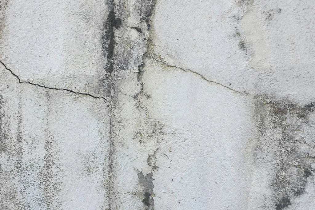 Cracked render on a mouldy wall.